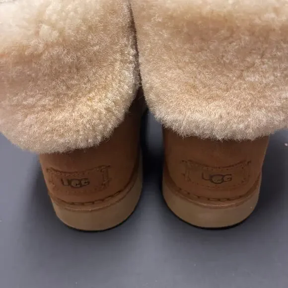 UGG Weylyn Shearling Cuff Lace Up Suede Boots Chestnut Fur Womens 8.5 Cozy Y2K - Picture 3 of 9